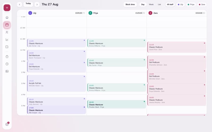The Dayslot calendar showing a full day of appointments in separate columns per technician
